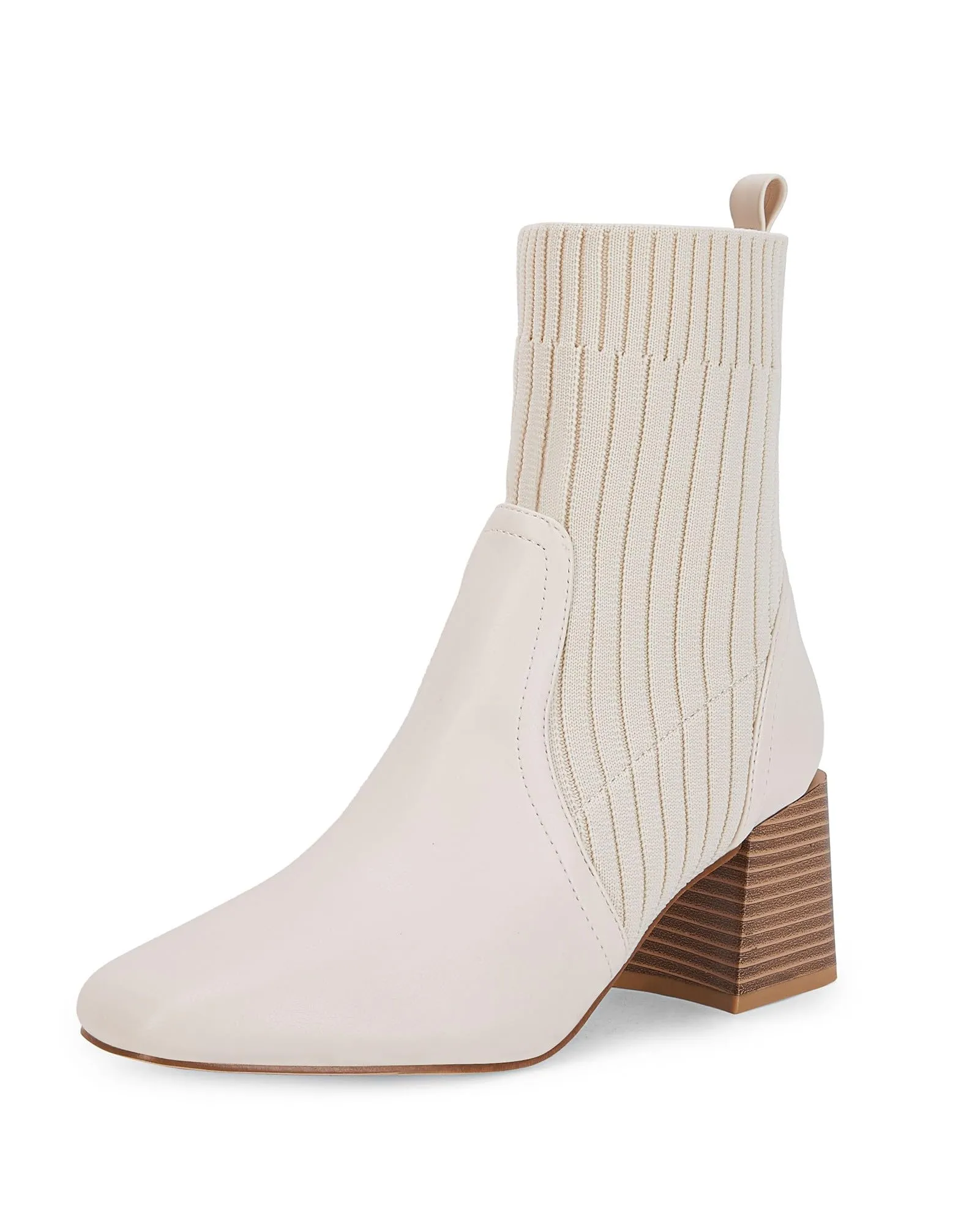 White Leather Knit Chunky Heel Ankle Boots