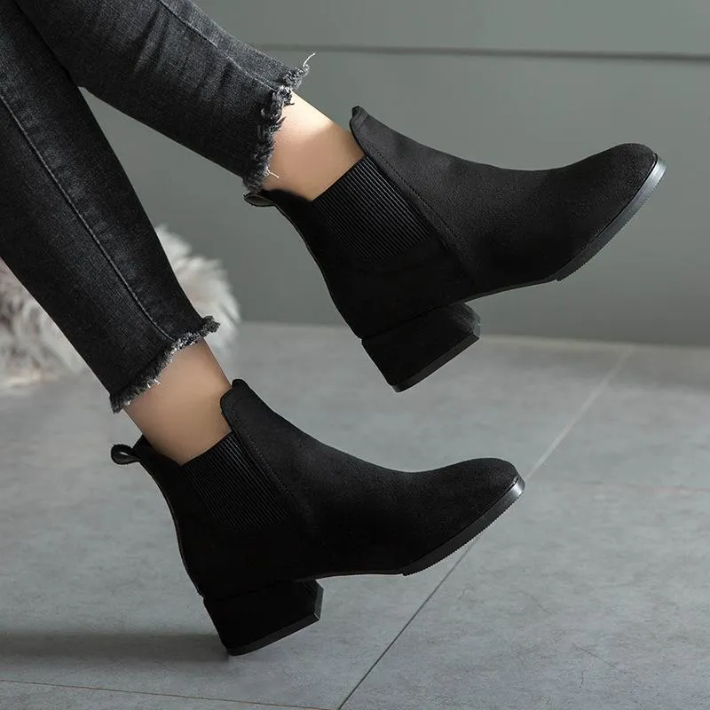 Women winter short medium chunky heel chelsea boots