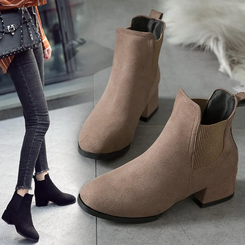 Women winter short medium chunky heel chelsea boots