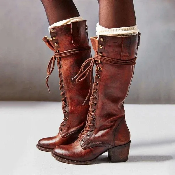 Women's knee high combat boots retro square block heel lace-up boots