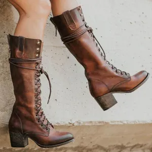 Women's knee high combat boots retro square block heel lace-up boots