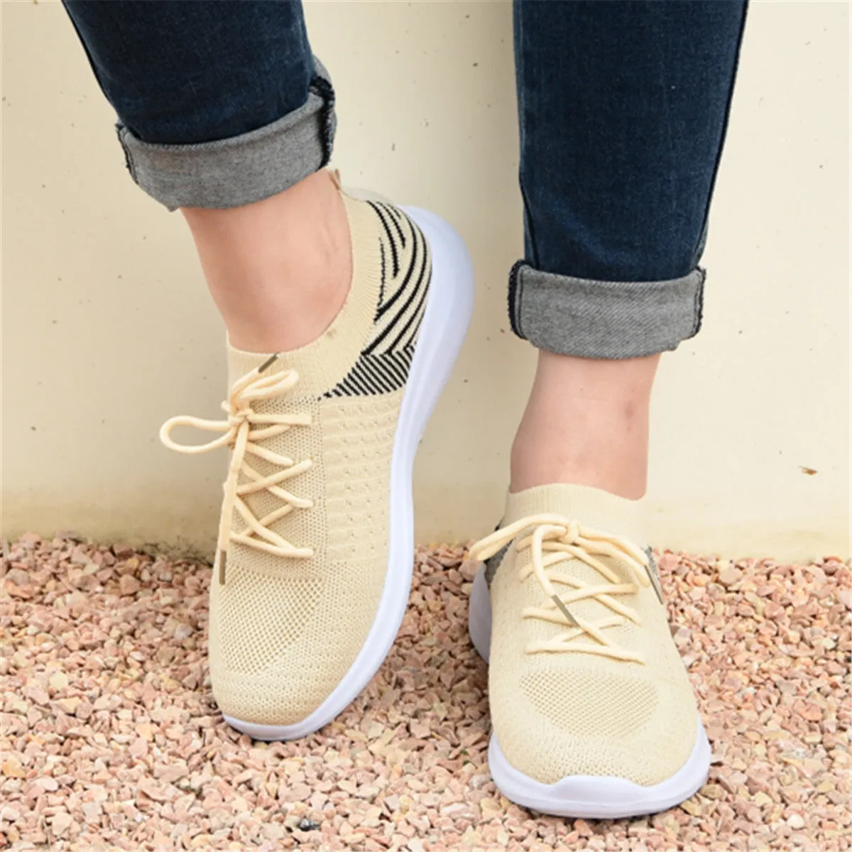 Women's Knit Lightweight Mesh Sneakers, Breathable Mesh Lace-Up Running Shoes, Women's Footwear SE1023