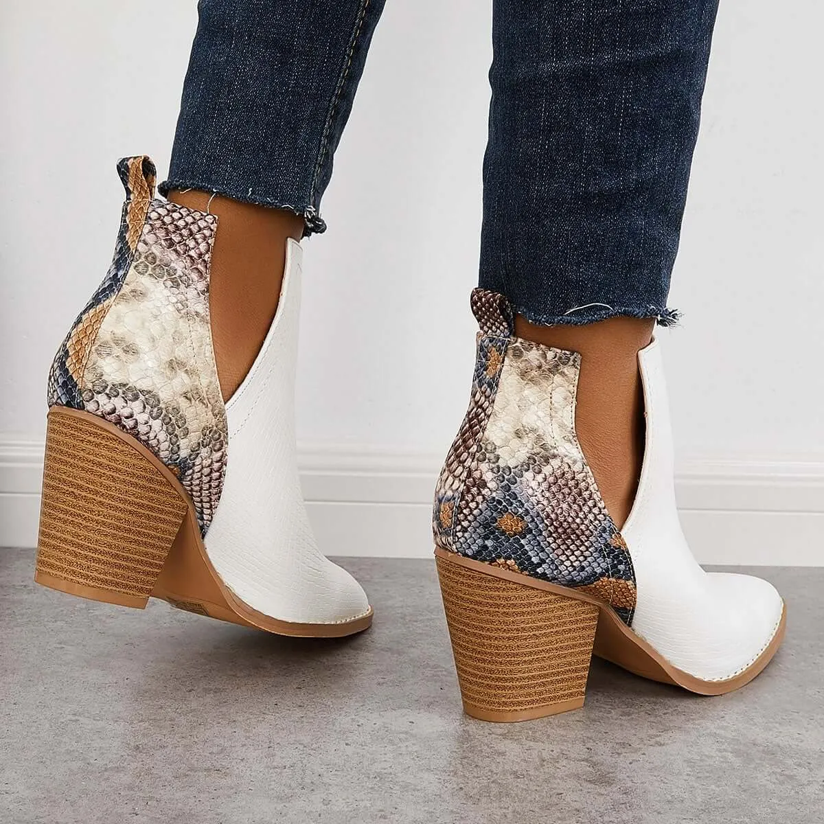 Womens Western Ankle Cowboy Boots Cutout Block Heel Booties