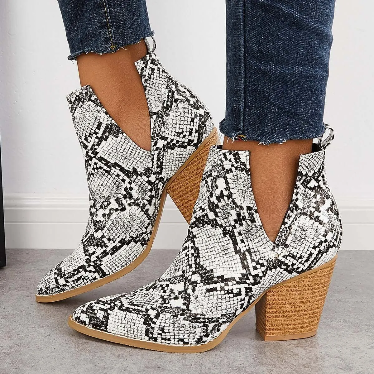 Womens Western Ankle Cowboy Boots Cutout Block Heel Booties