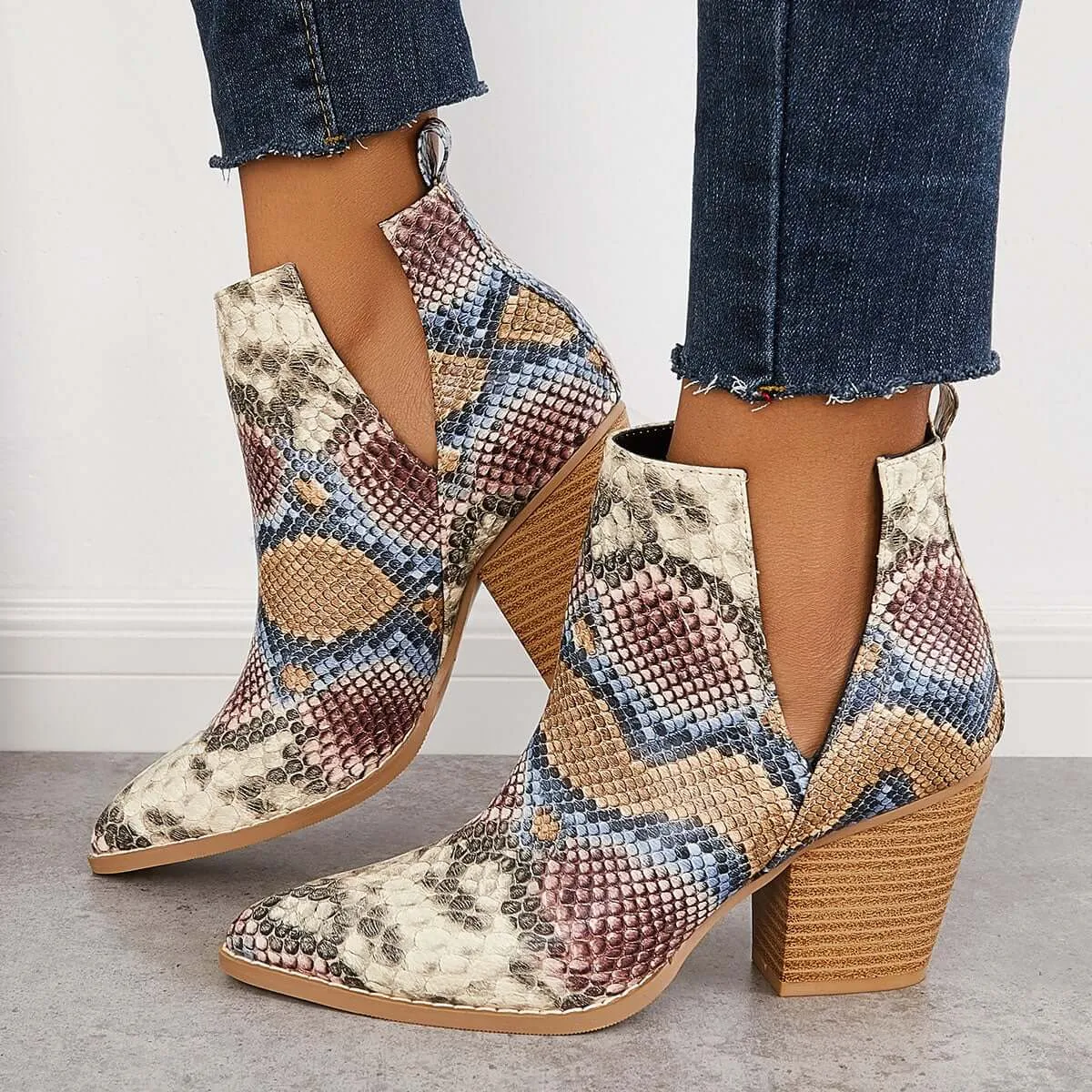 Womens Western Ankle Cowboy Boots Cutout Block Heel Booties